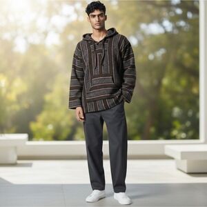 Men's Baja Hoodie Pullover Striped Mexican Drug Rug Hippie Sweater‎ XL